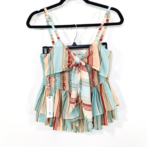 Pilyq Stripe Smocked Mini Skirt +Tie Top Sz XS Beach Cover Up 2Pc Swim Resort - Picture 2 of 12